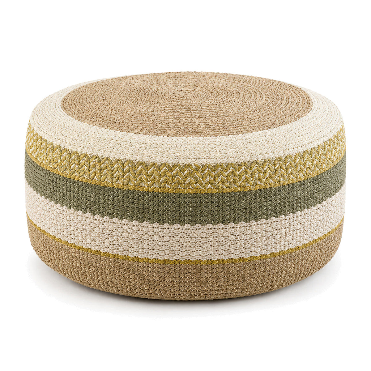 Mustard, Olive & Cream Stripe Woven Round Pouf by Primeval on white background