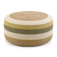 Mustard, Olive & Cream Stripe Woven Round Pouf by Primeval on white background