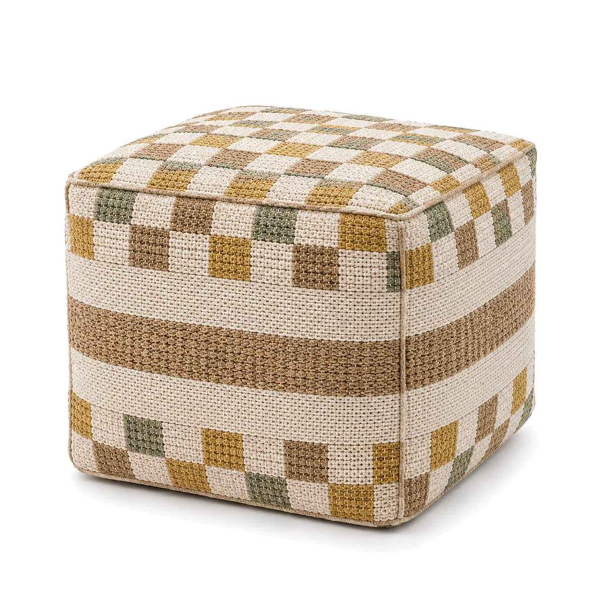 Mustard, Olive & Ivory Checkerboard Woven Cube Pouf by Primeval on white background