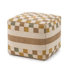 Mustard, Olive & Ivory Checkerboard Woven Cube Pouf by Primeval on white background