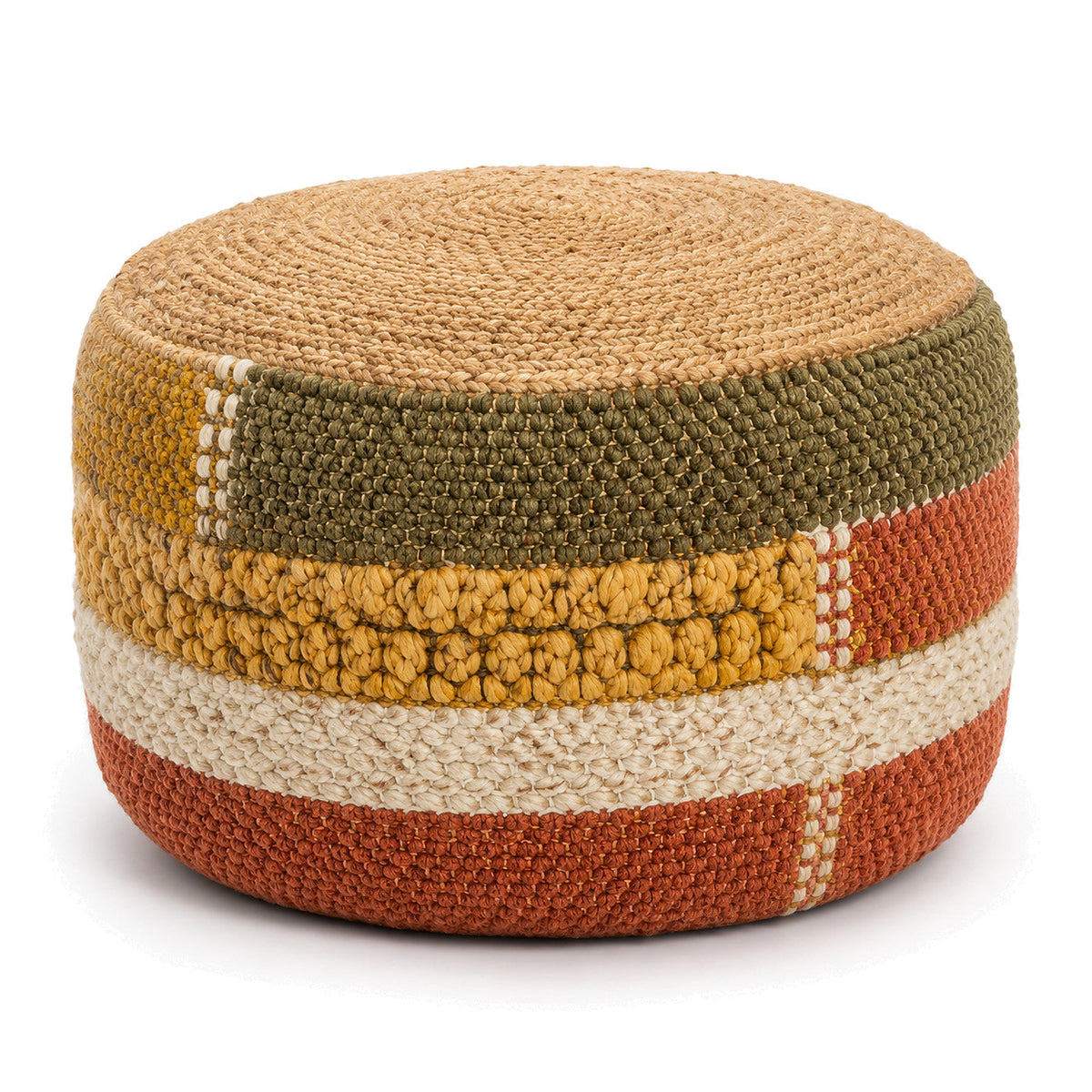 Mustard, Olive, Rust & Cream Chunky Knit Round Pouf by Primeval on white background