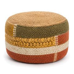 Mustard, Olive, Rust & Cream Chunky Knit Round Pouf by Primeval on white background