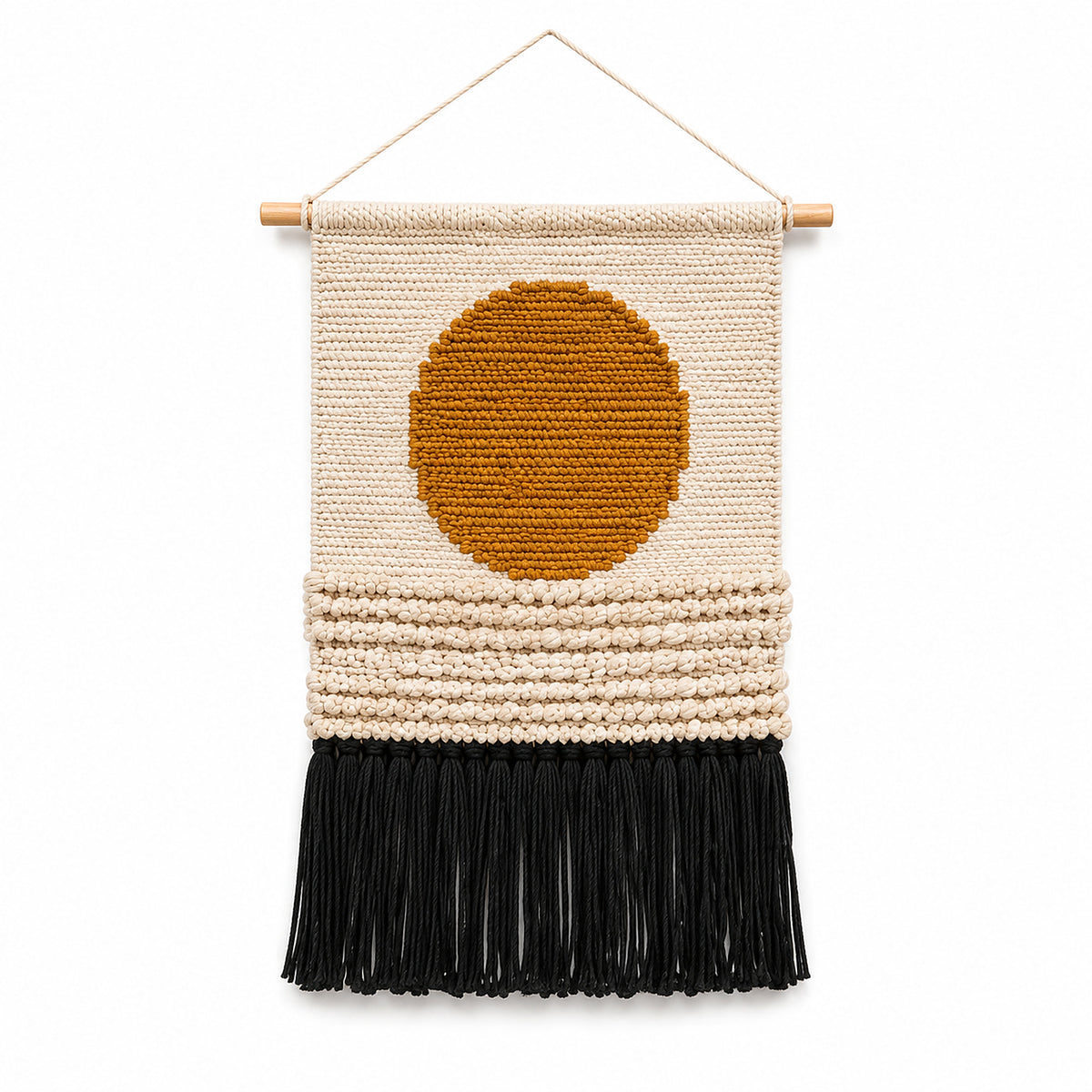 Mustard sun and black fringe cotton woven wall hanging by Primeval