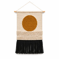 Mustard sun and black fringe cotton woven wall hanging by Primeval