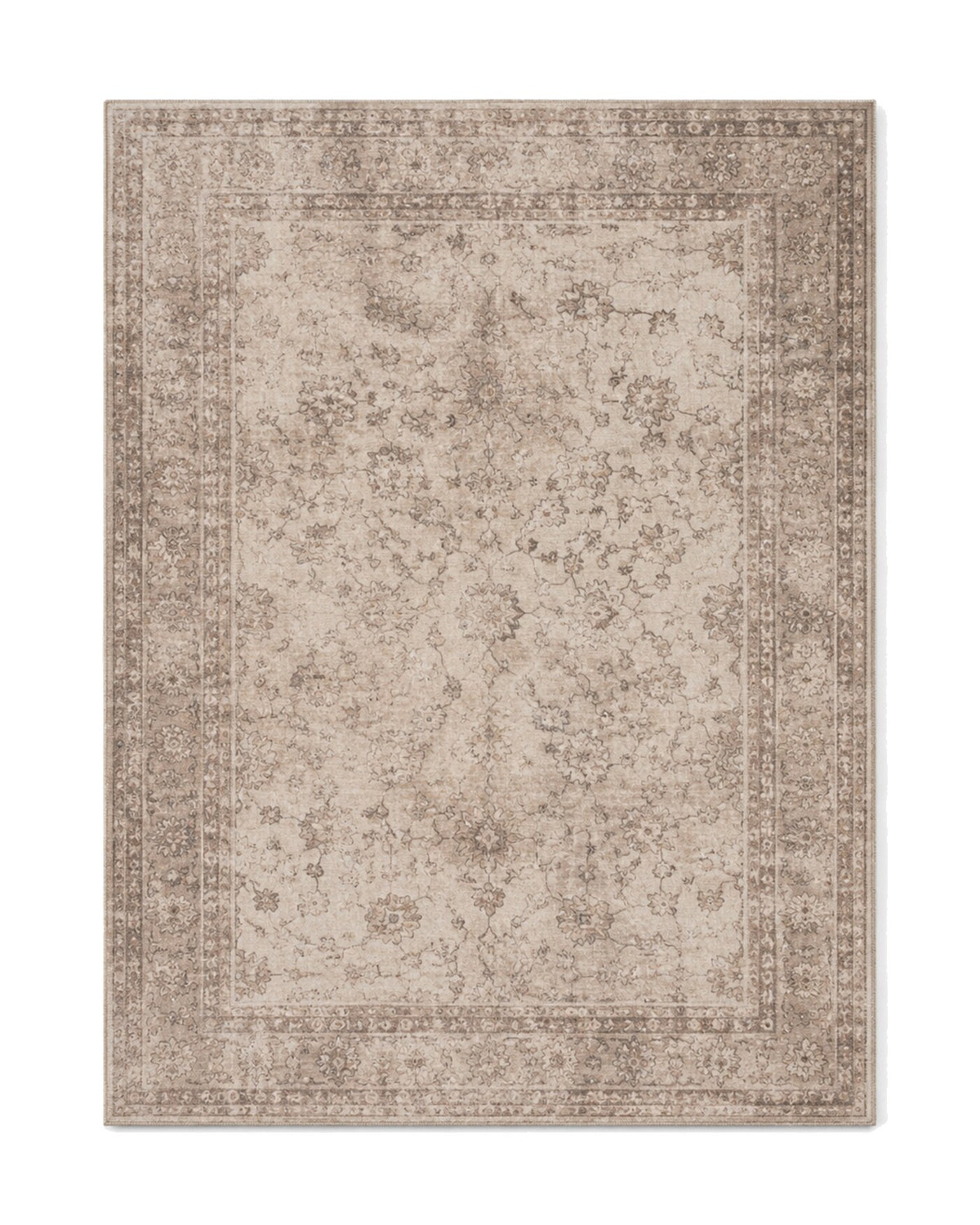 Muted beige distressed Persian-style area rug for wholesale sourcing from India