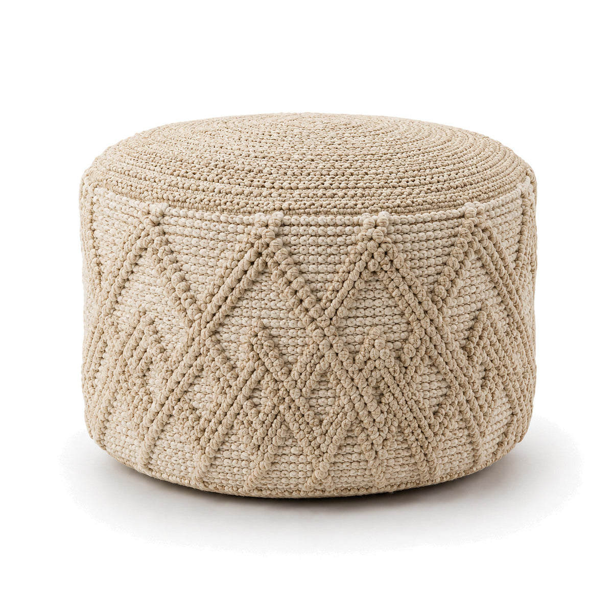 Natural Beige Braided Diamond Round Pouf by Primeval on white background