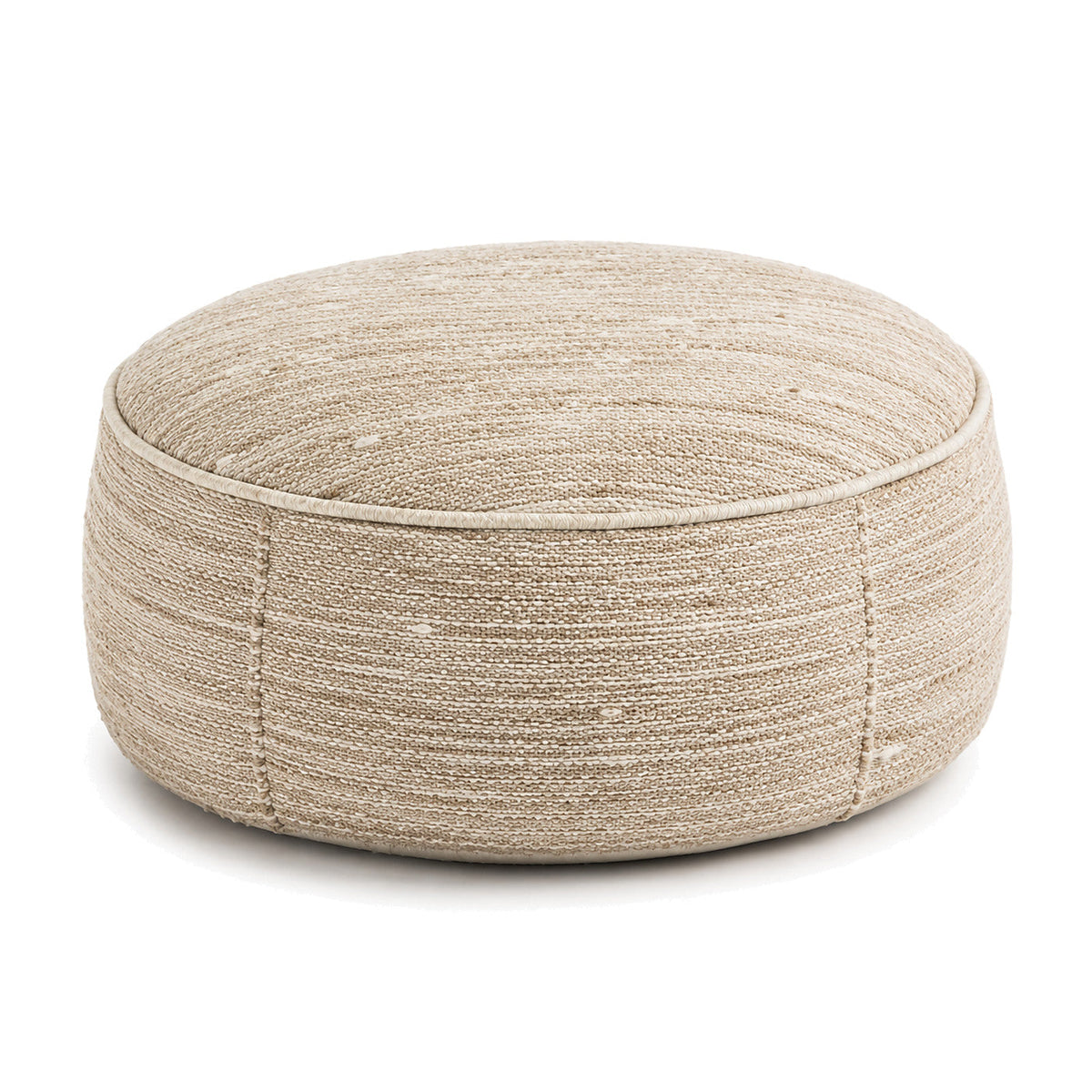 Natural Beige Fine-Woven Low Round Pouf Ottoman by Primeval on white background