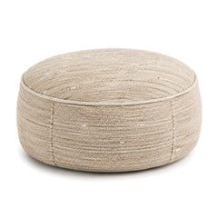 Natural Beige Fine-Woven Low Round Pouf Ottoman by Primeval on white background