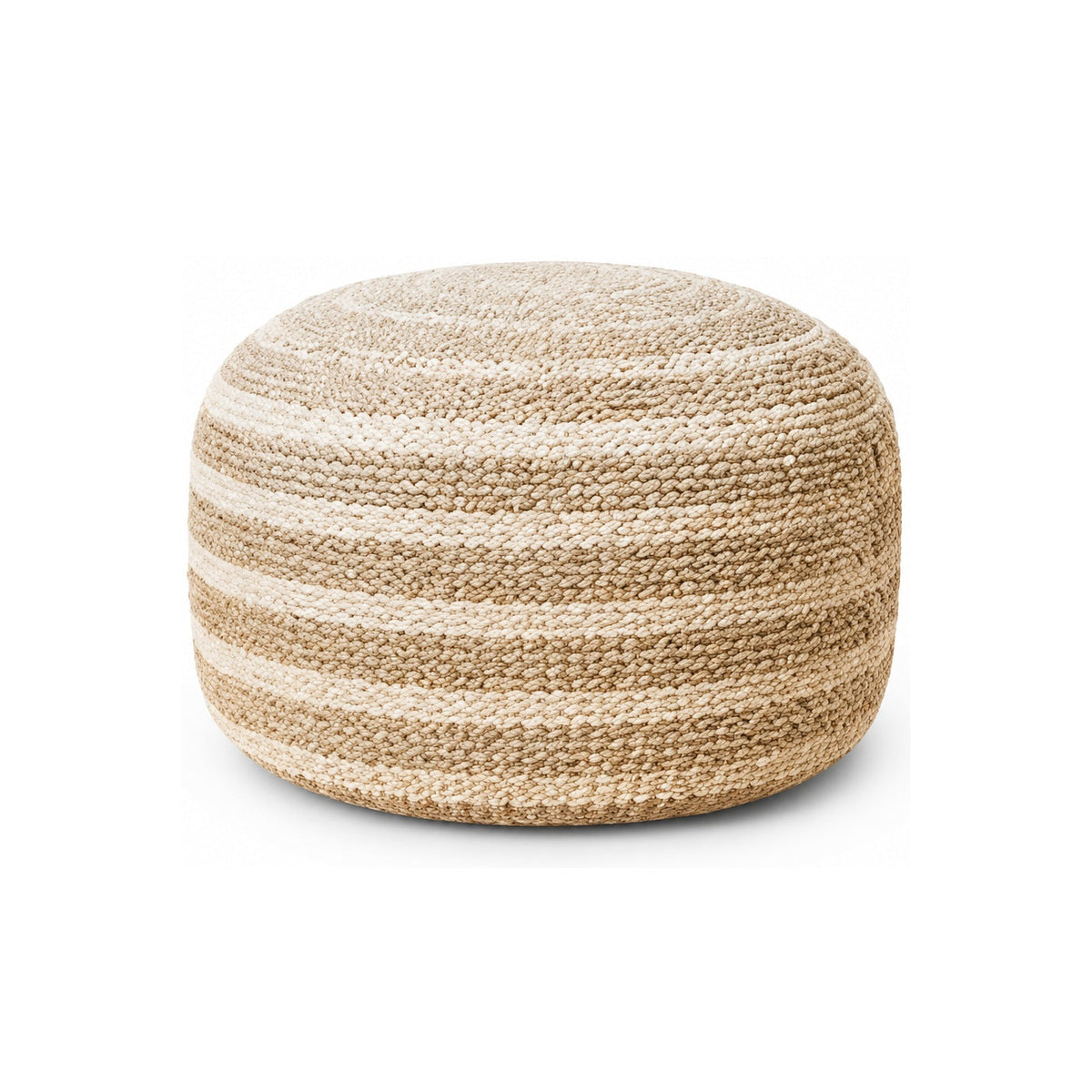 Natural Beige & Ivory Stripe Knit Round Pouf Ottoman on white background