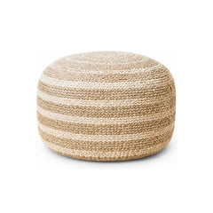 Natural Beige & Ivory Stripe Knit Round Pouf Ottoman on white background