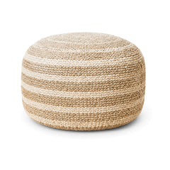 Natural beige and ivory tonal stripe round pouf ottoman on white background
