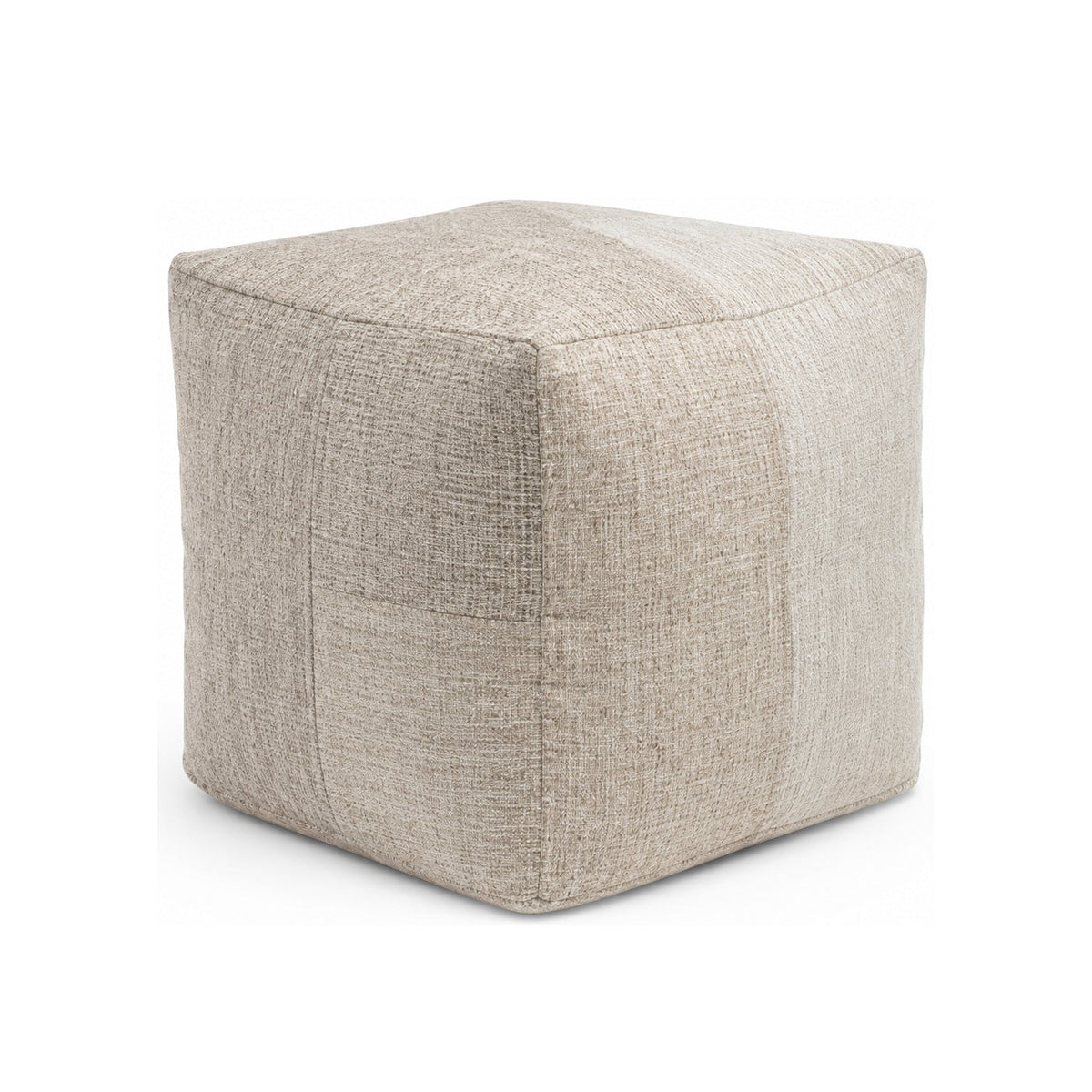Natural Beige Linen-Look Cube Pouf Ottoman on white background