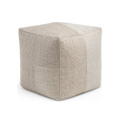Natural Beige Linen-Look Cube Pouf Ottoman on white background