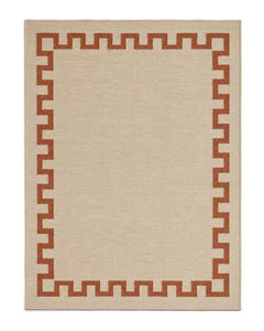 Natural beige and rust Greek key border wool rug for wholesale sourcing from India