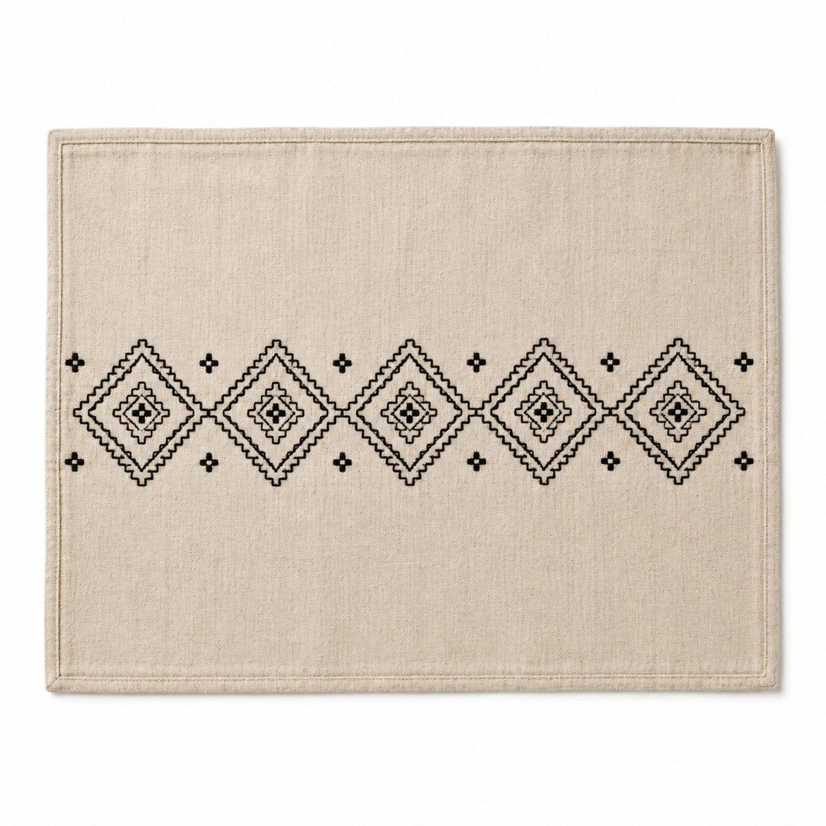 Natural beige rectangular placemat with black tribal diamond geometric band, modern artisan dining table mat by Primeval