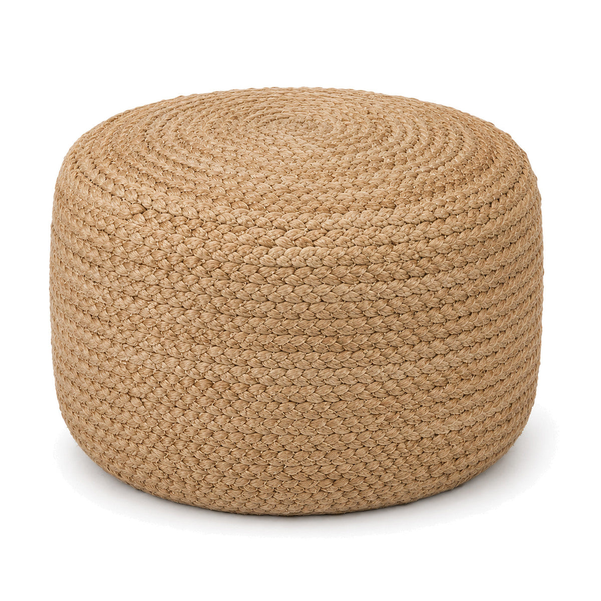 Natural Braided Jute-Rich Round Pouf Ottoman by Primeval on white background