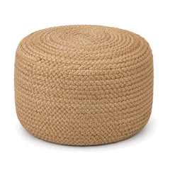Natural Braided Jute-Rich Round Pouf Ottoman by Primeval on white background