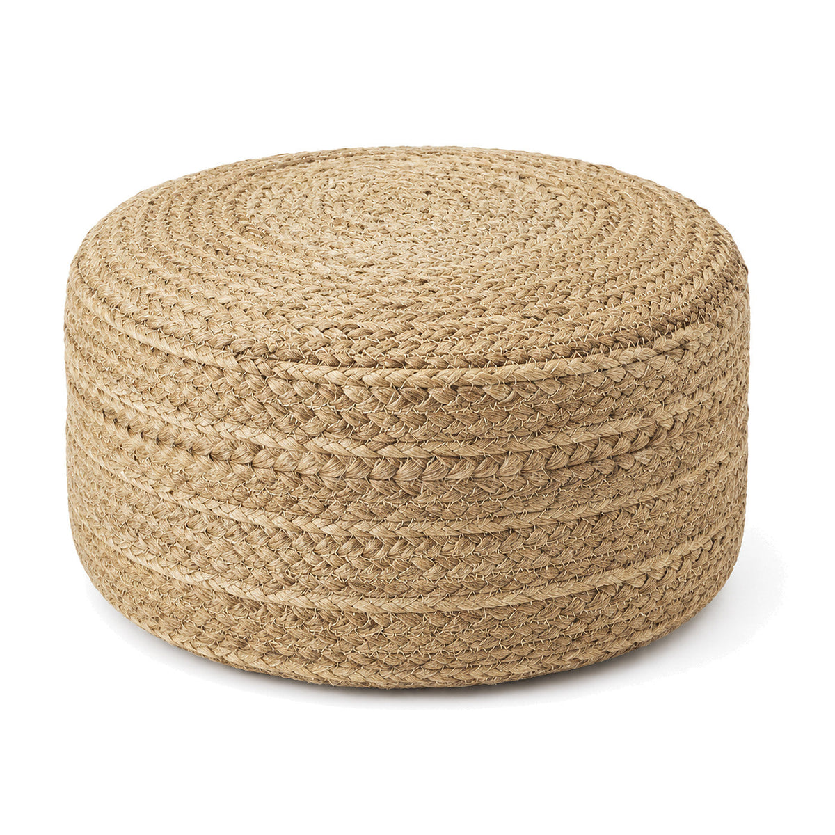 Natural Braided Jute Round Pouf Ottoman by Primeval on white background