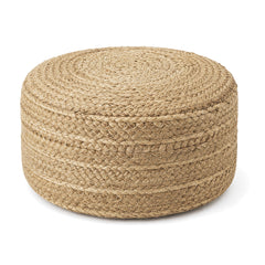 Natural Braided Jute Round Pouf Ottoman by Primeval on white background