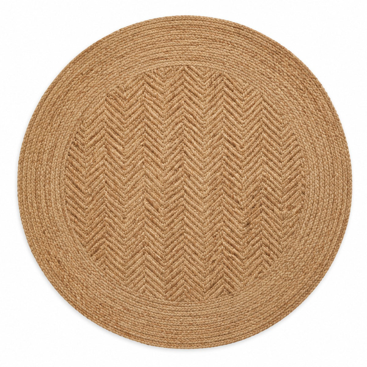 Natural camel jute herringbone round rug for wholesale home furnishing buyers