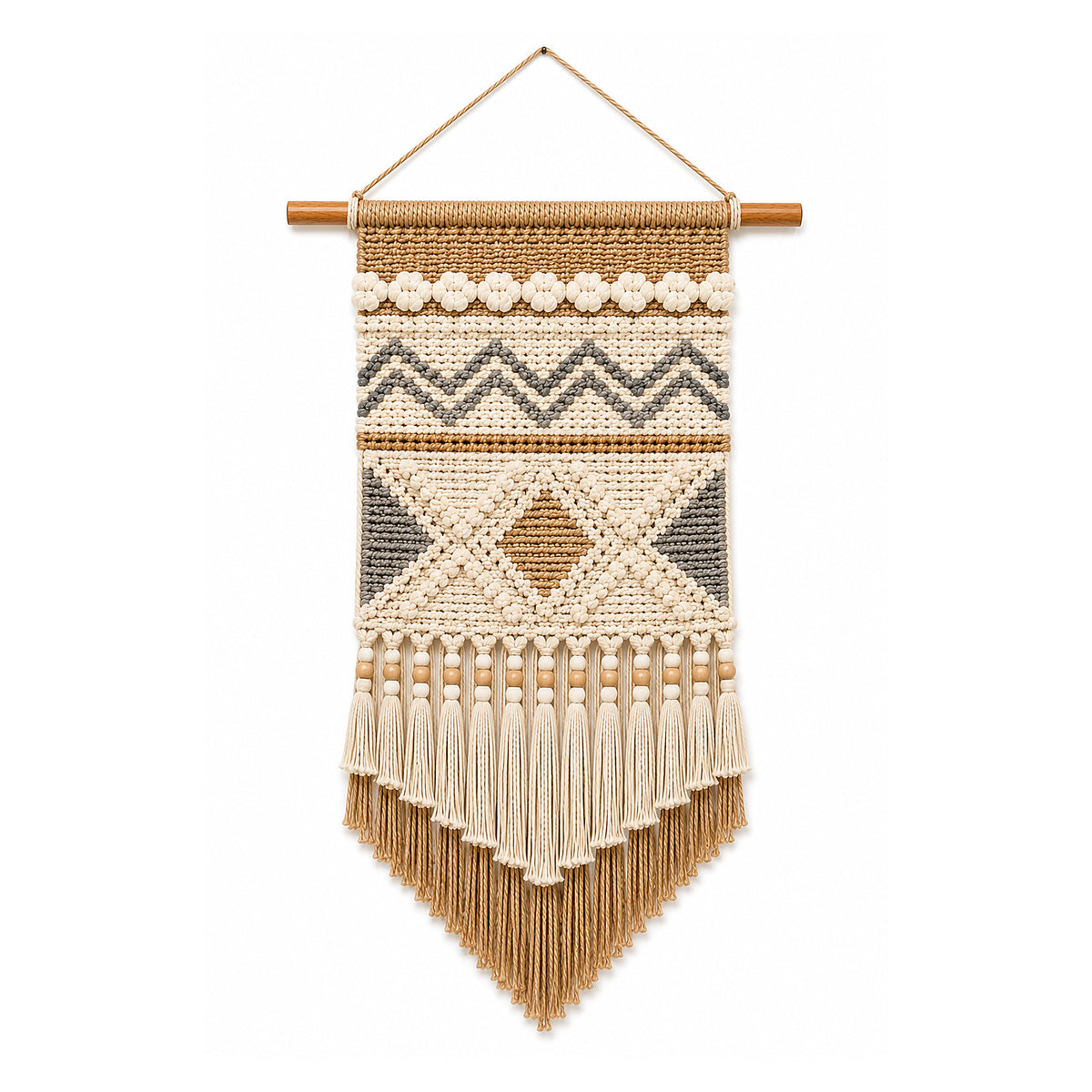 Natural grey and mustard geometric macrame wall hanging with fringe by Primeval