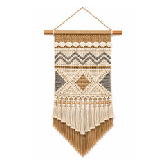 Natural grey and mustard geometric macrame wall hanging with fringe by Primeval