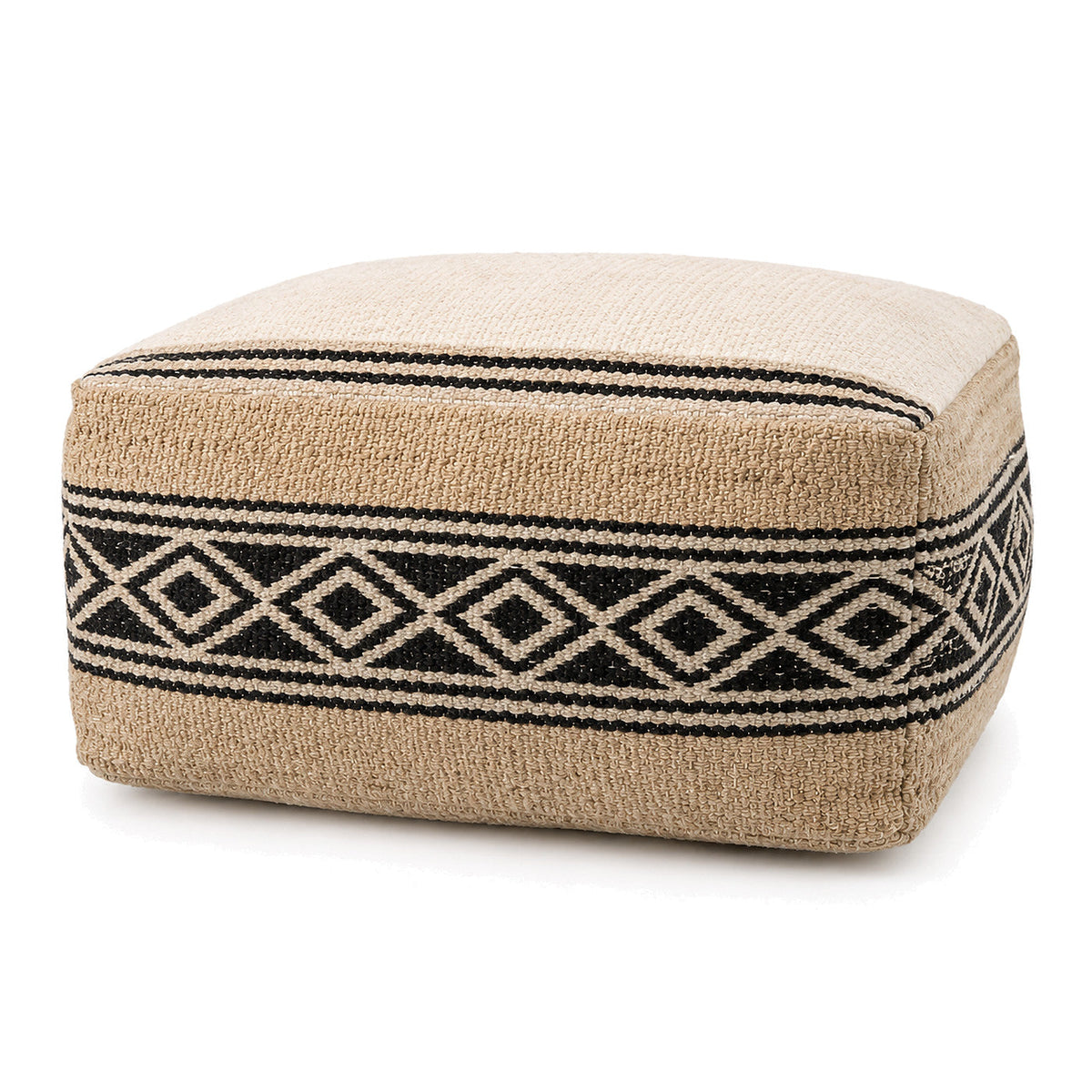 Natural Jute & Black Diamond-Band Rectangular Pouf by Primeval on white background