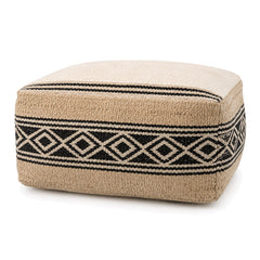 Natural Jute & Black Diamond-Band Rectangular Pouf by Primeval on white background