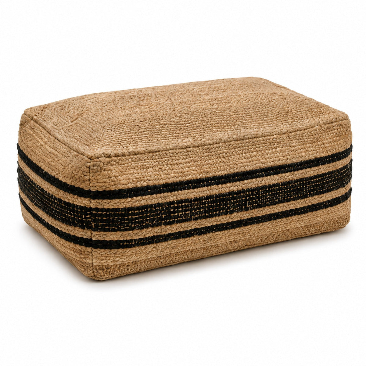Natural Jute & Black Band Rectangular Pouf Ottoman on white background
