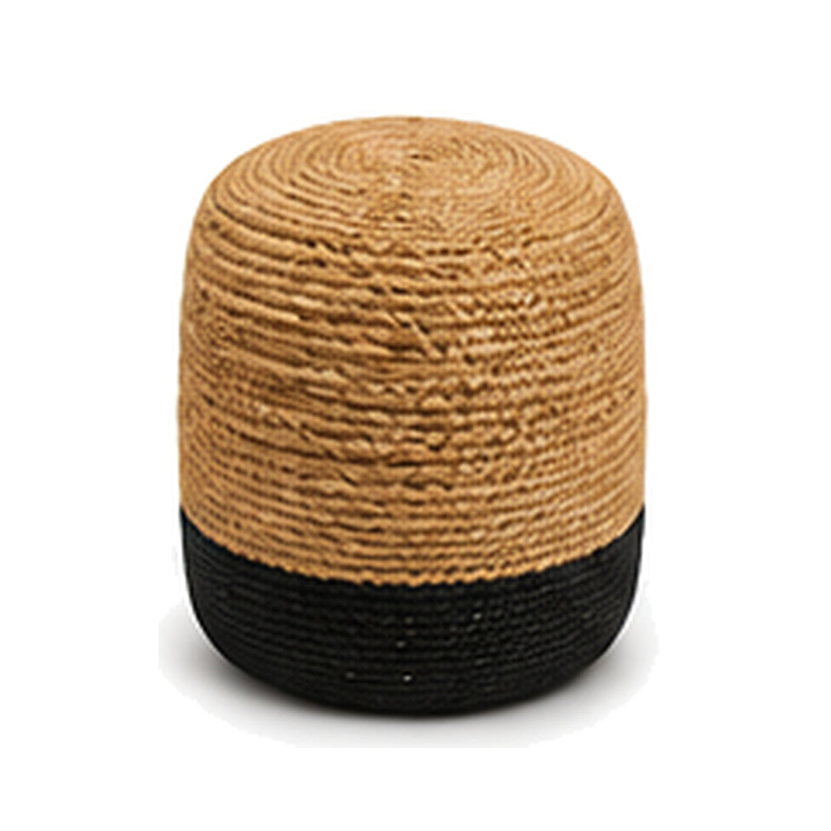 Natural jute with black base two tone cylinder pouf ottoman on white background