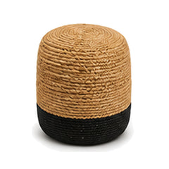 Natural jute with black base two tone cylinder pouf ottoman on white background
