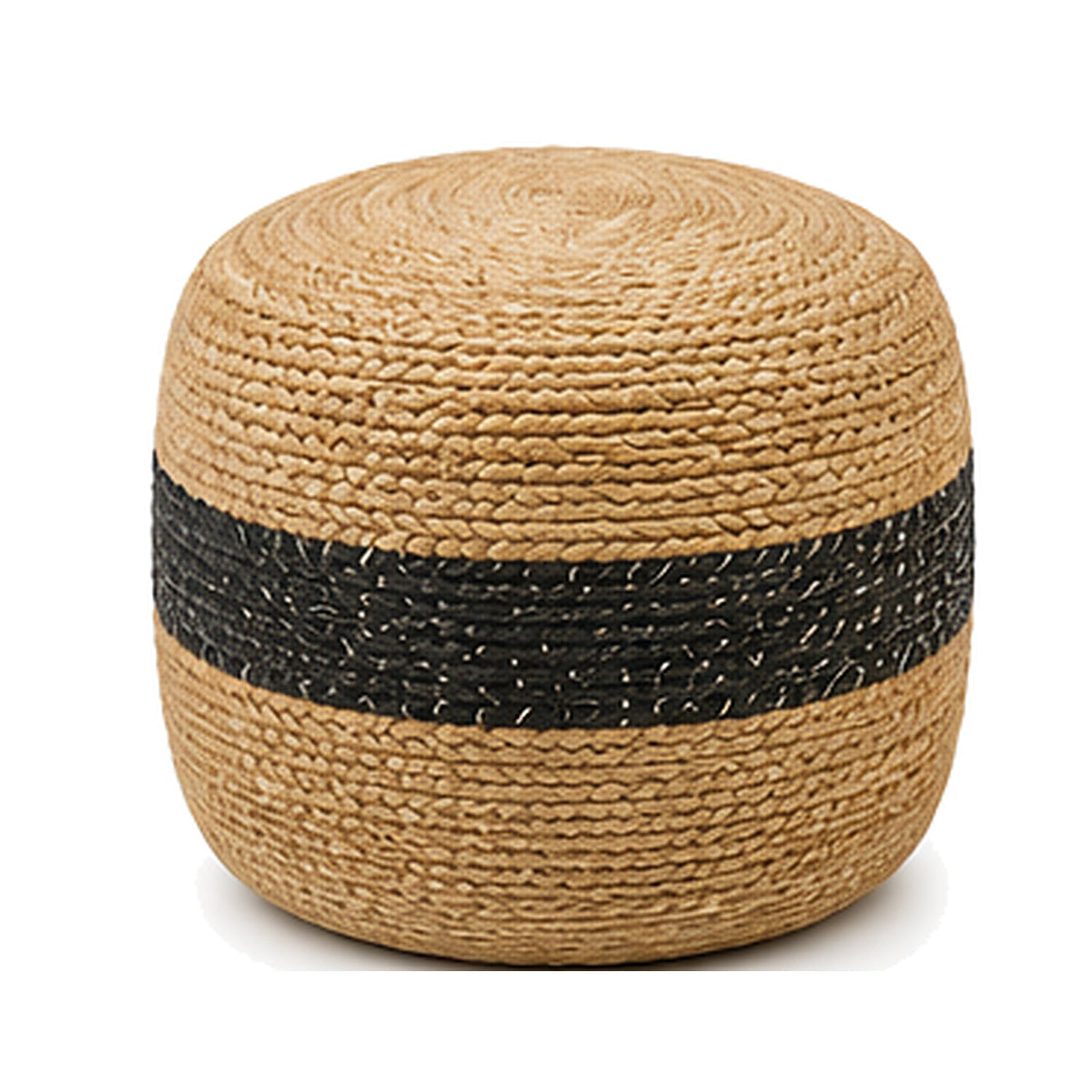 Natural jute with black centre band round pouf ottoman on white background