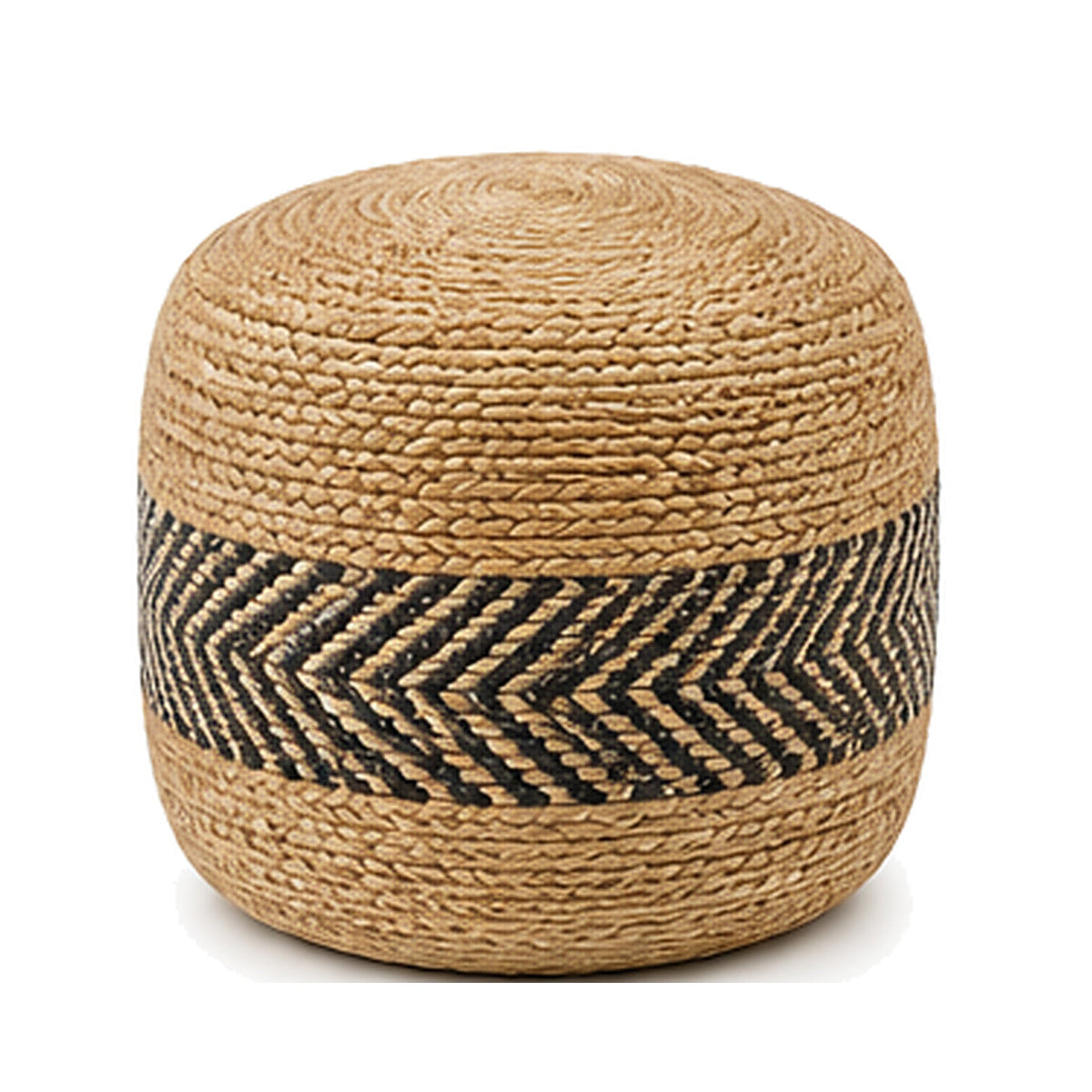Natural jute with black chevron centre band round pouf ottoman on white background