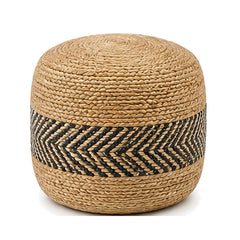 Natural jute with black chevron centre band round pouf ottoman on white background