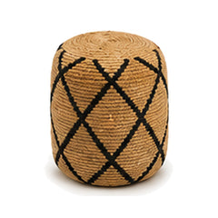 Natural jute with black diamond lattice cylinder pouf ottoman on white background
