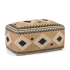 Natural Jute & Black Diamond Woven Rectangular Pouf by Primeval on white background