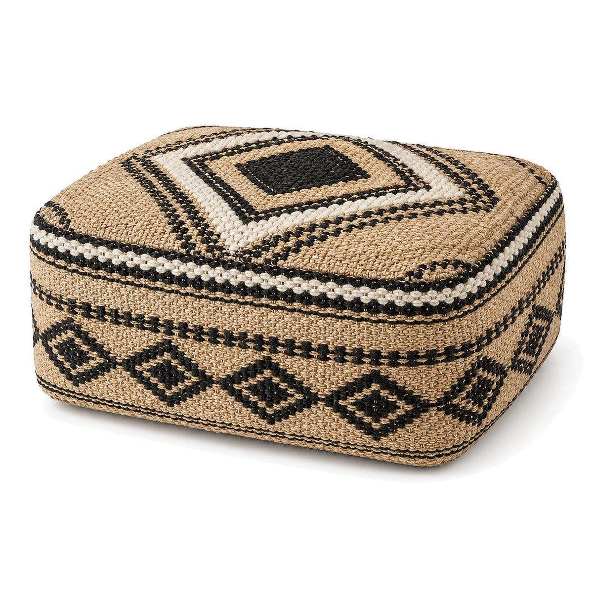 Natural Jute & Black Geometric Floor Pouf by Primeval on white background
