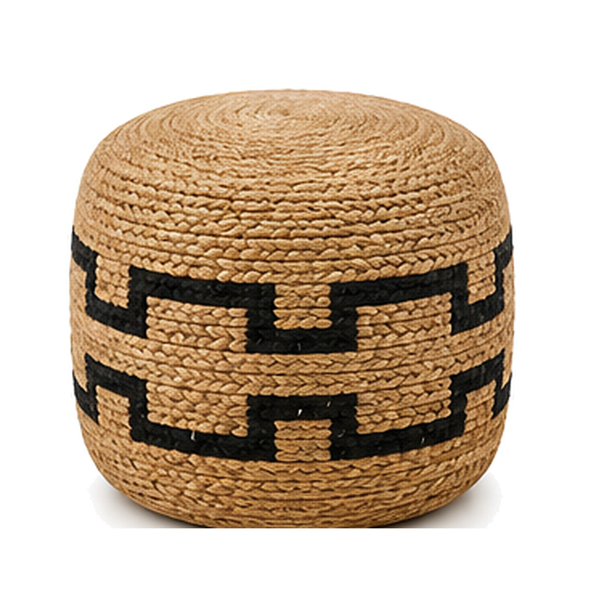 Natural jute with black Greek key band round pouf ottoman on white background
