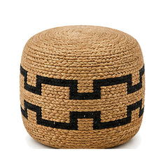 Natural jute with black Greek key band round pouf ottoman on white background