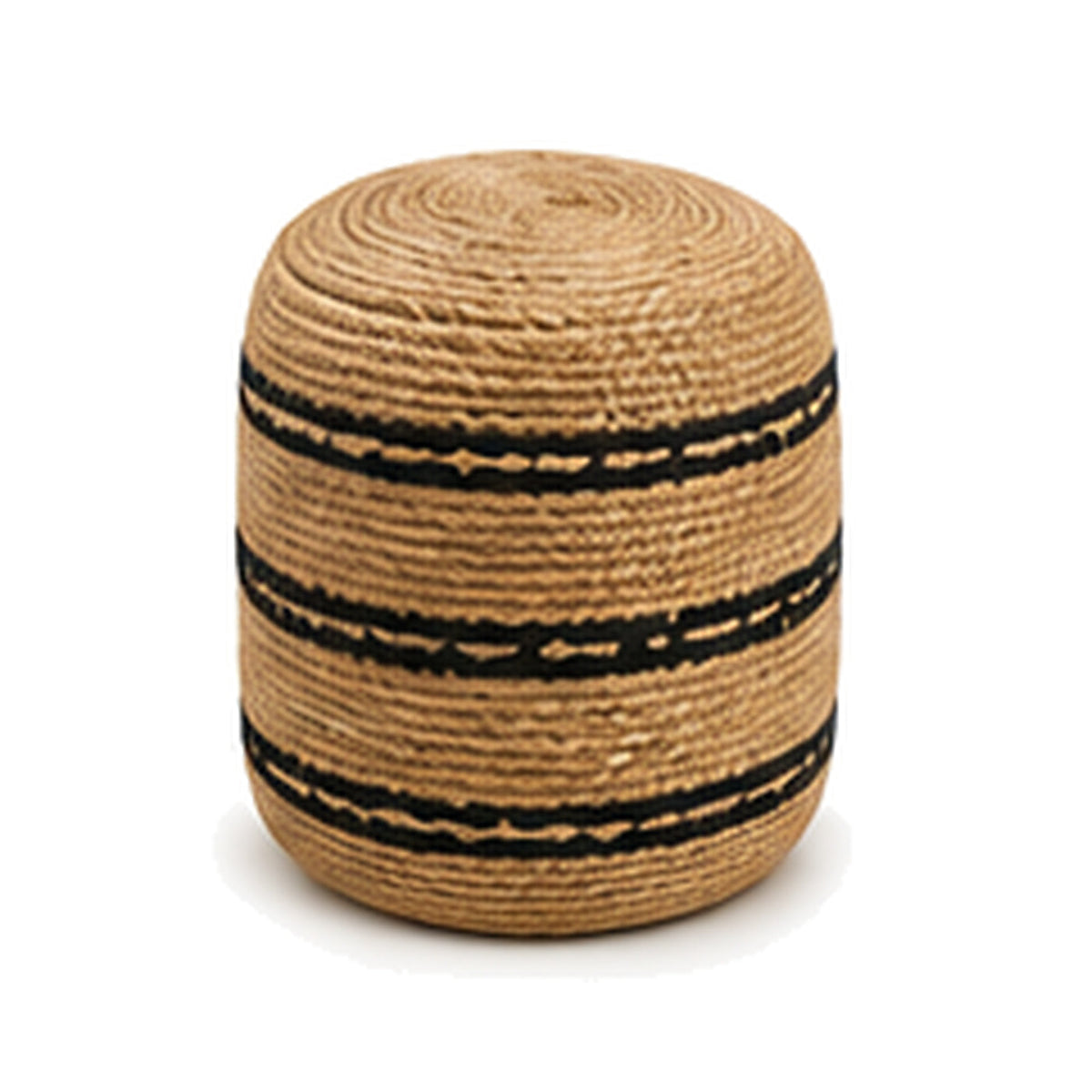 Natural jute with black horizontal bands cylinder pouf ottoman on white background
