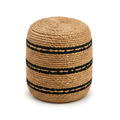 Natural jute with black horizontal bands cylinder pouf ottoman on white background