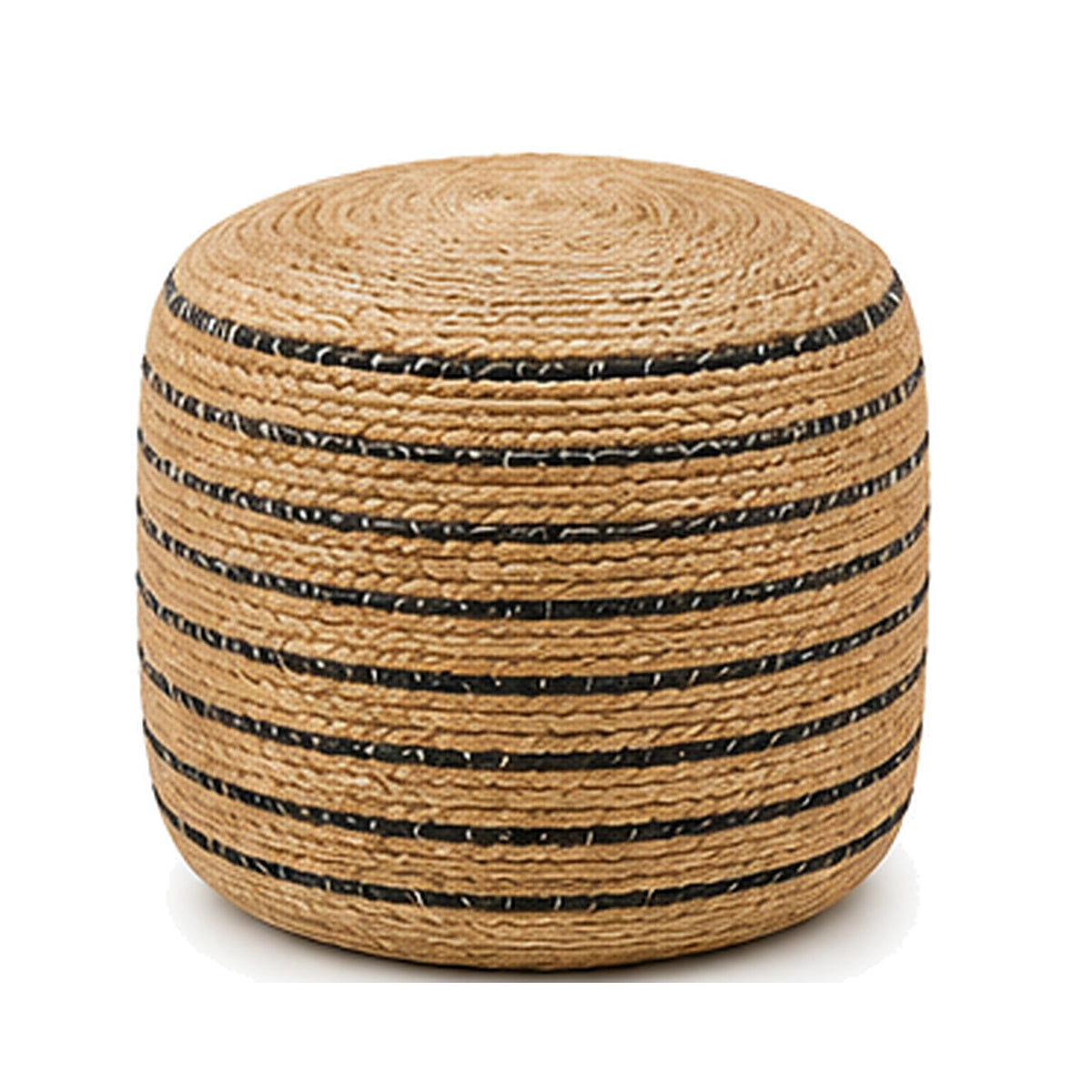 Natural jute with black multi stripe round pouf ottoman on white background