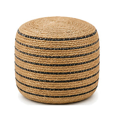 Natural jute with black multi stripe round pouf ottoman on white background