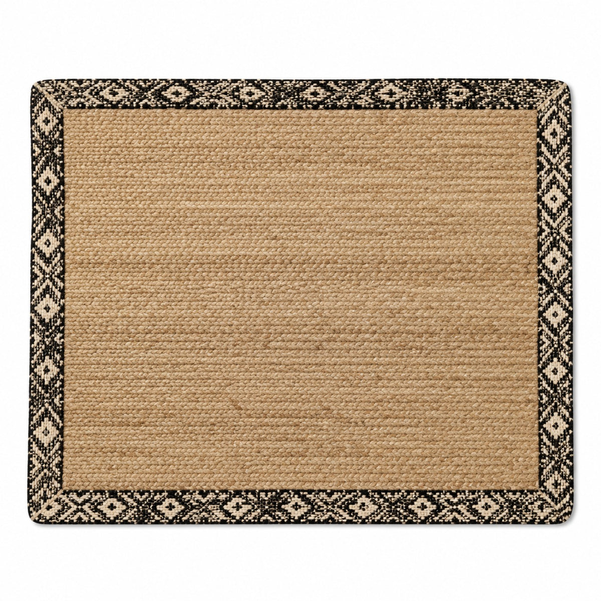 Natural jute rectangular placemat with black and ivory tribal diamond border, artisan dining table mat by Primeval