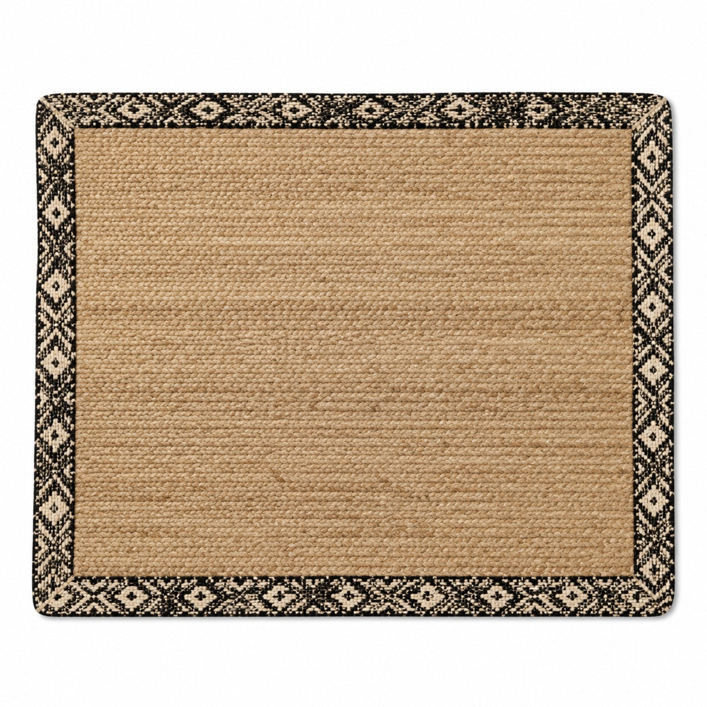 Natural jute rectangular placemat with black and ivory tribal diamond border, artisan dining table mat by Primeval
