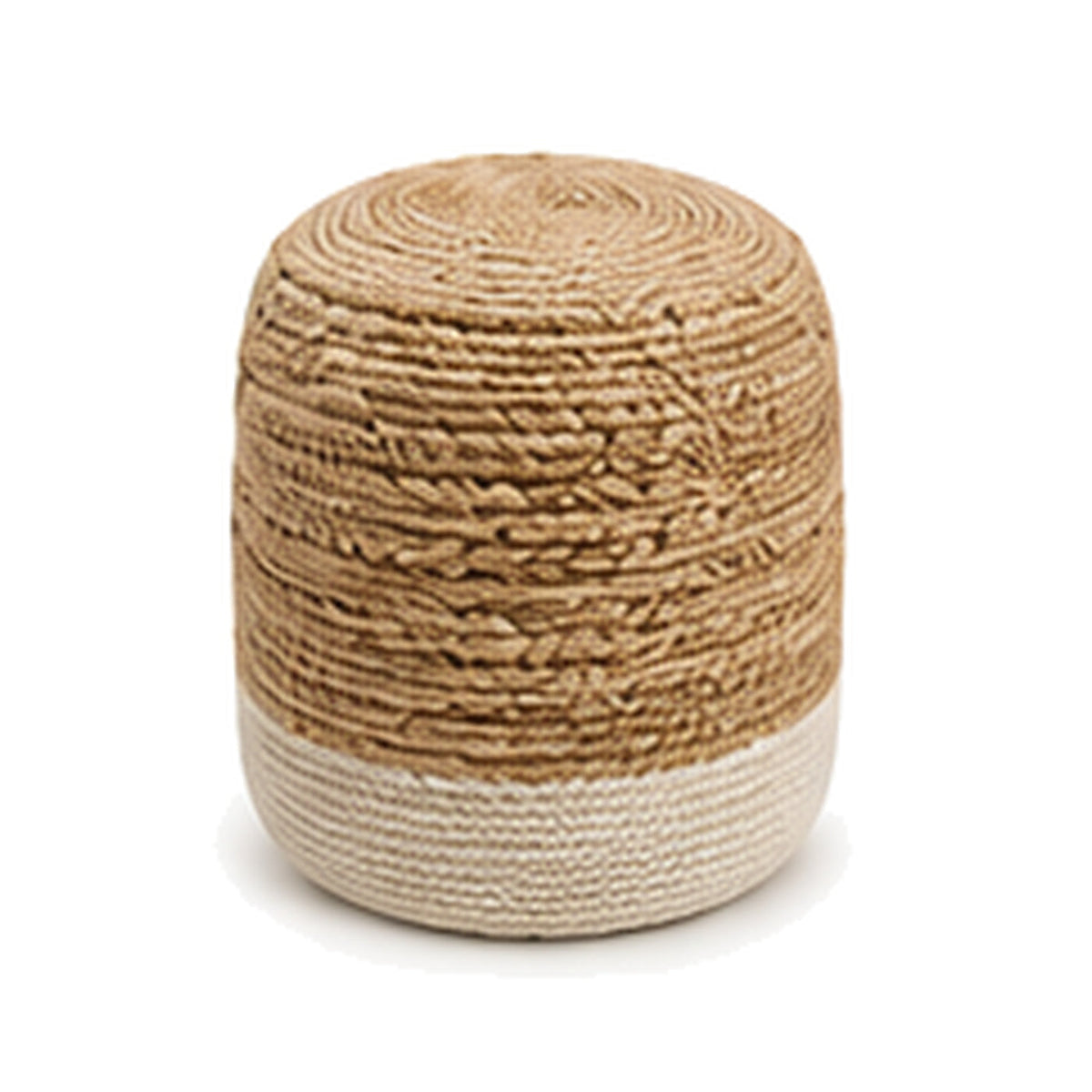Natural jute and ivory base textured cylinder pouf ottoman on white background