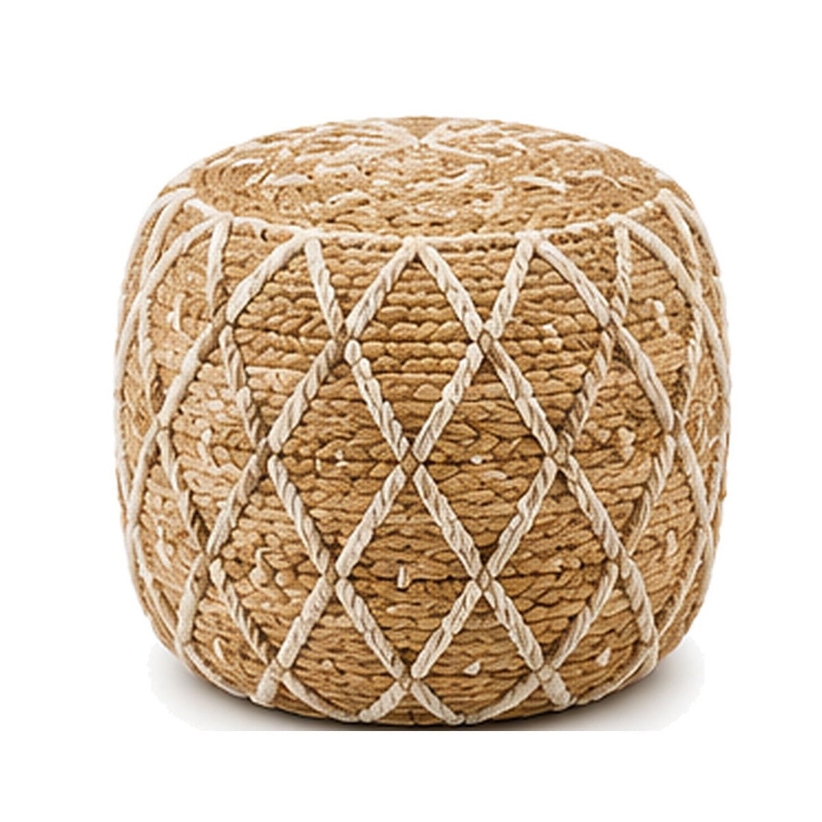 Natural jute with ivory criss cross macrame round pouf ottoman on white background