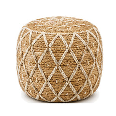 Natural jute with ivory criss cross macrame round pouf ottoman on white background