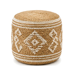 Natural jute with ivory diamond motif round pouf ottoman on white background