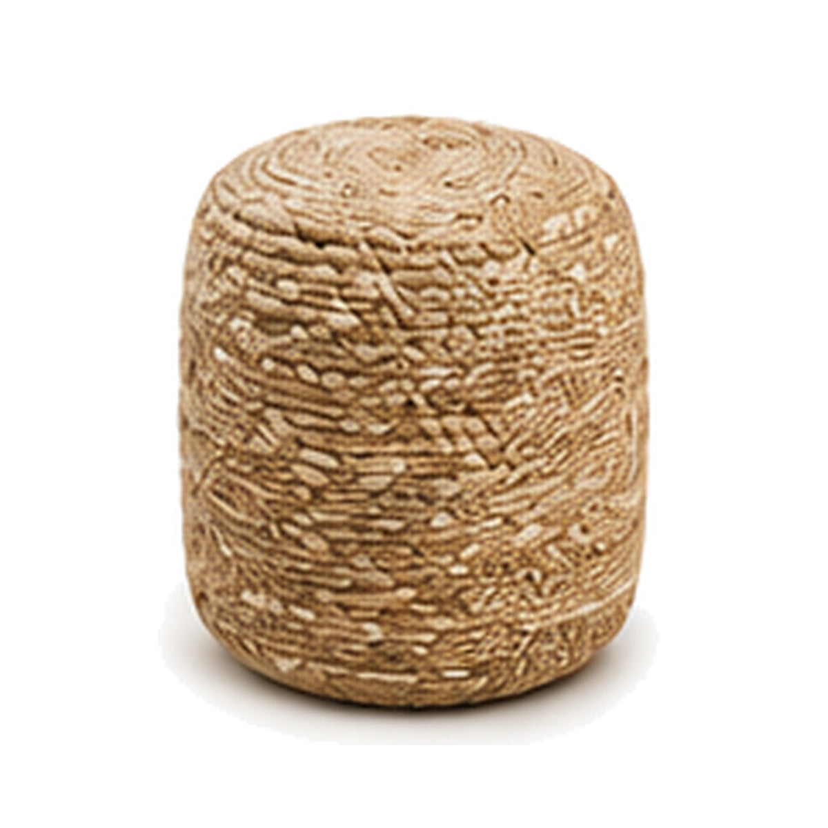 Natural jute with ivory flecked texture cylinder pouf ottoman on white background